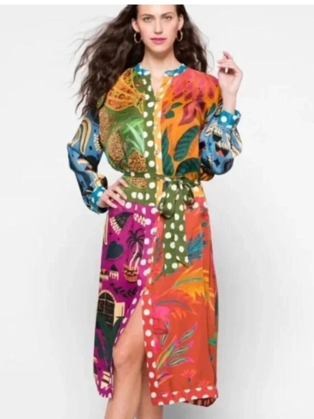 FARM RIO Red Earth Rainbow Long Sleeve Shirtdress Size Small - Picture 1 of 7
